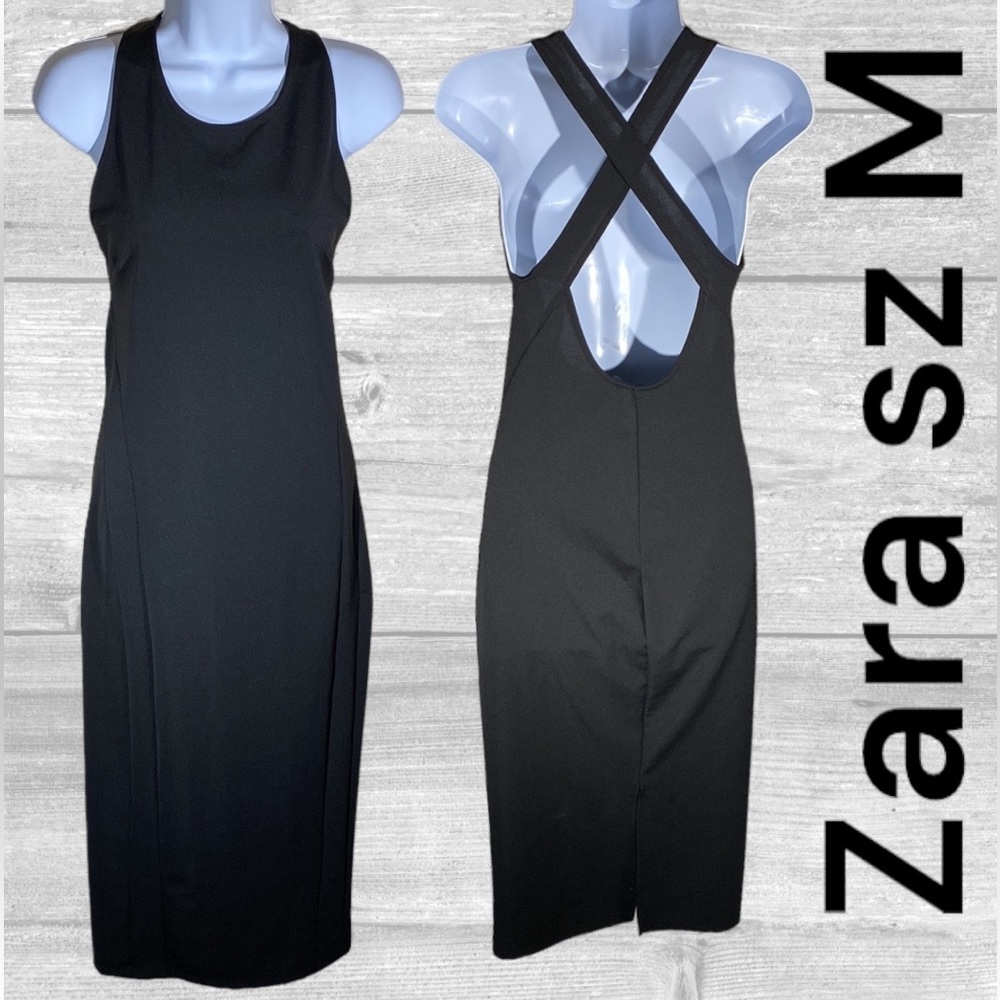 Zara maxi dress women’s medium black sleeveless, crossback sexy bodycon nightout